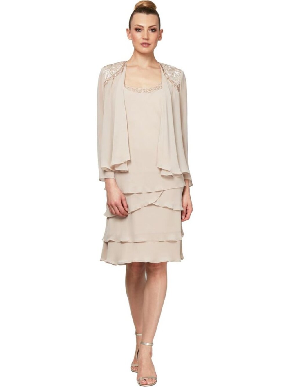 Elegant Mother of the Bride Tiered Jacket Dress with Shoulder Embellishments